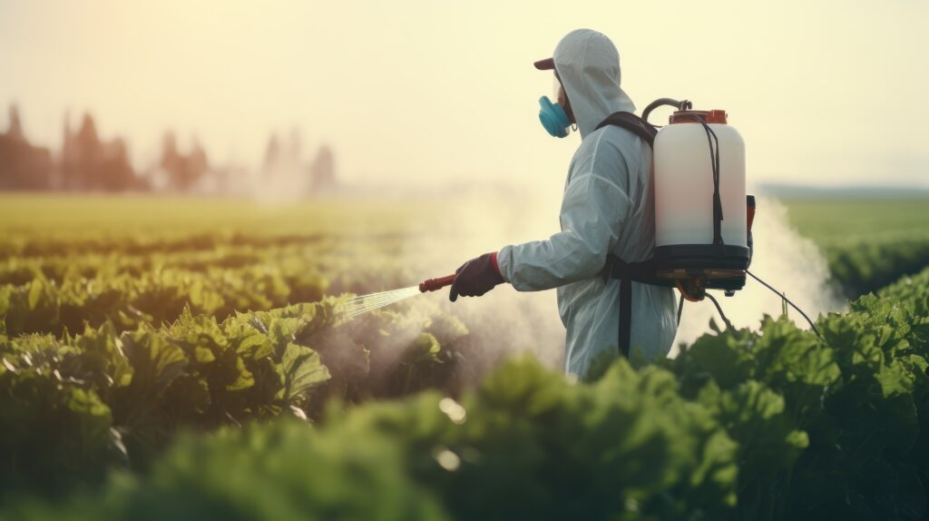 A farmer in protective gear spraying crops with a pesticide applicator.